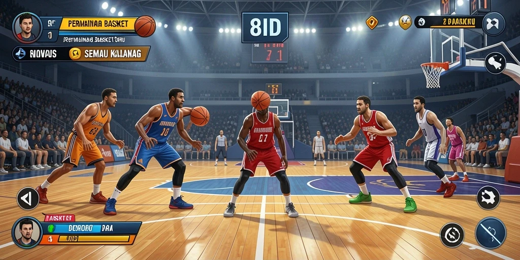 Antarmuka permainan Basket yang menampilkan aksi tembakan dan dribble.
