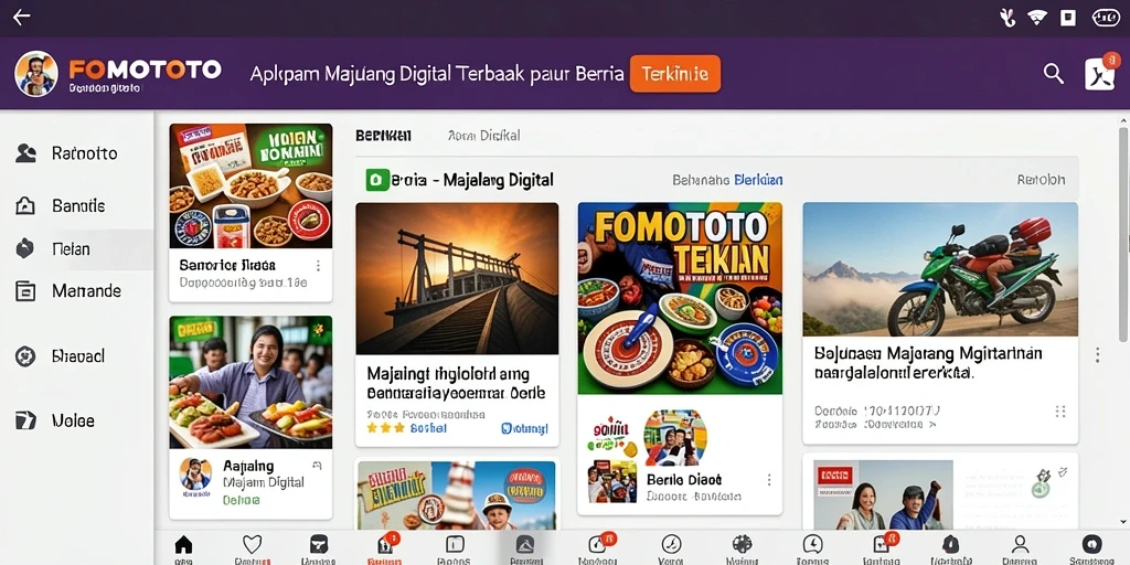 Screenshot antarmuka aplikasi FOMOTOTO menampilkan fitur Majalah Digital.